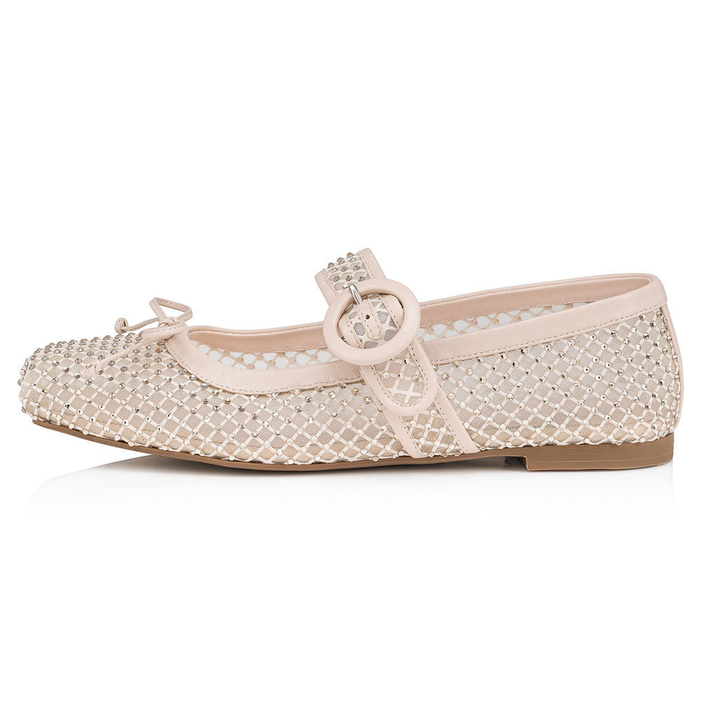 Nude Mesh Square Toe Bow Decor Rhinestone Ballet Flats for Women