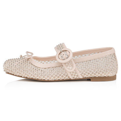 Nude Mesh Square Toe Bow Decor Rhinestone Ballet Flats for Women