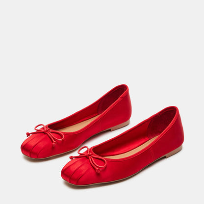 Women's Satin Ruched Square Toe Bow Embellished Ballet Flats in Red