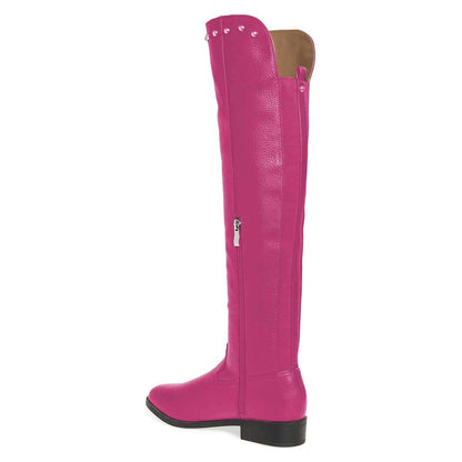 Fuchsia Studded Round Toe Flat Knee High Boots for Women