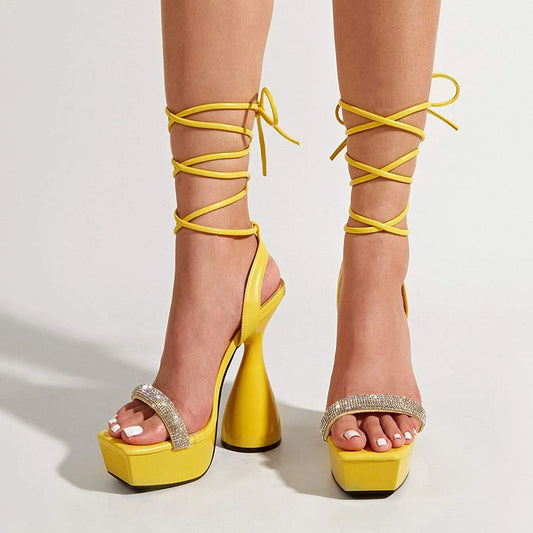 Yellow Platform High Heels Rhinestones Strap Shoes Platform Sandals