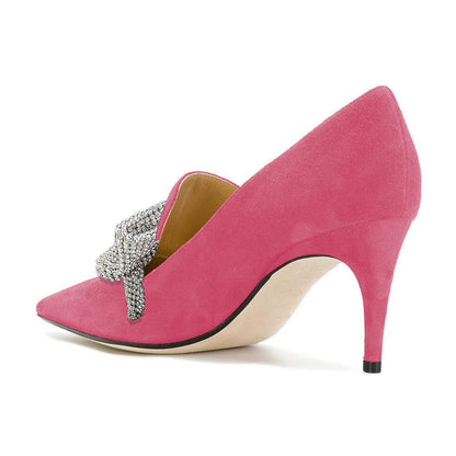 Women's Vegan Suede Pointed Toe Rhinestone Bow Loafer Pumps Heels