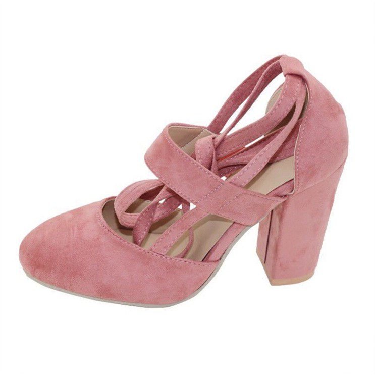 Women's Pink Vegan Suede Round Toe Strappy Block Heel Pumps by FSJ