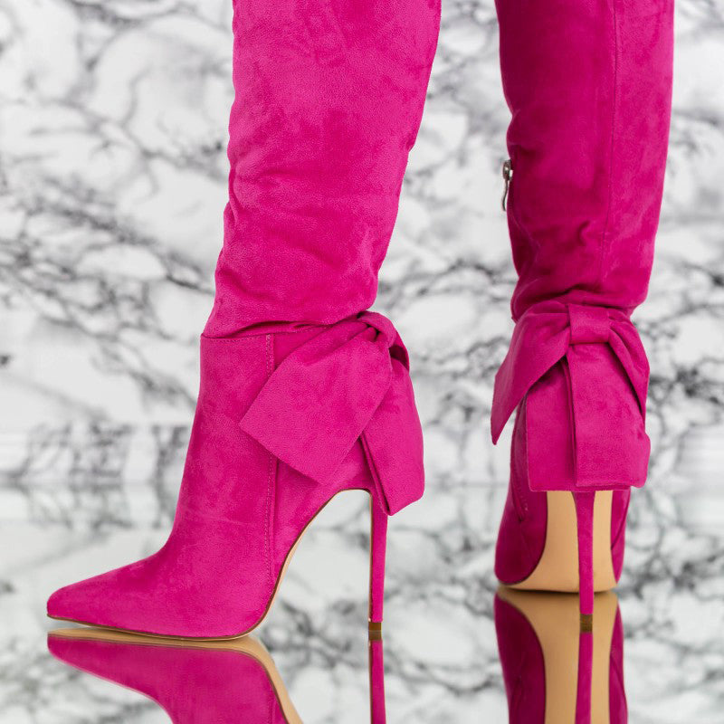 Hot Pink Stiletto Heel Velvet Bow Pointy Toe Knee High Boots