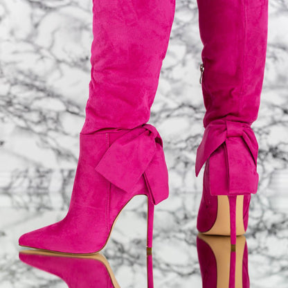 Hot Pink Stiletto Heel Velvet Bow Pointy Toe Knee High Boots