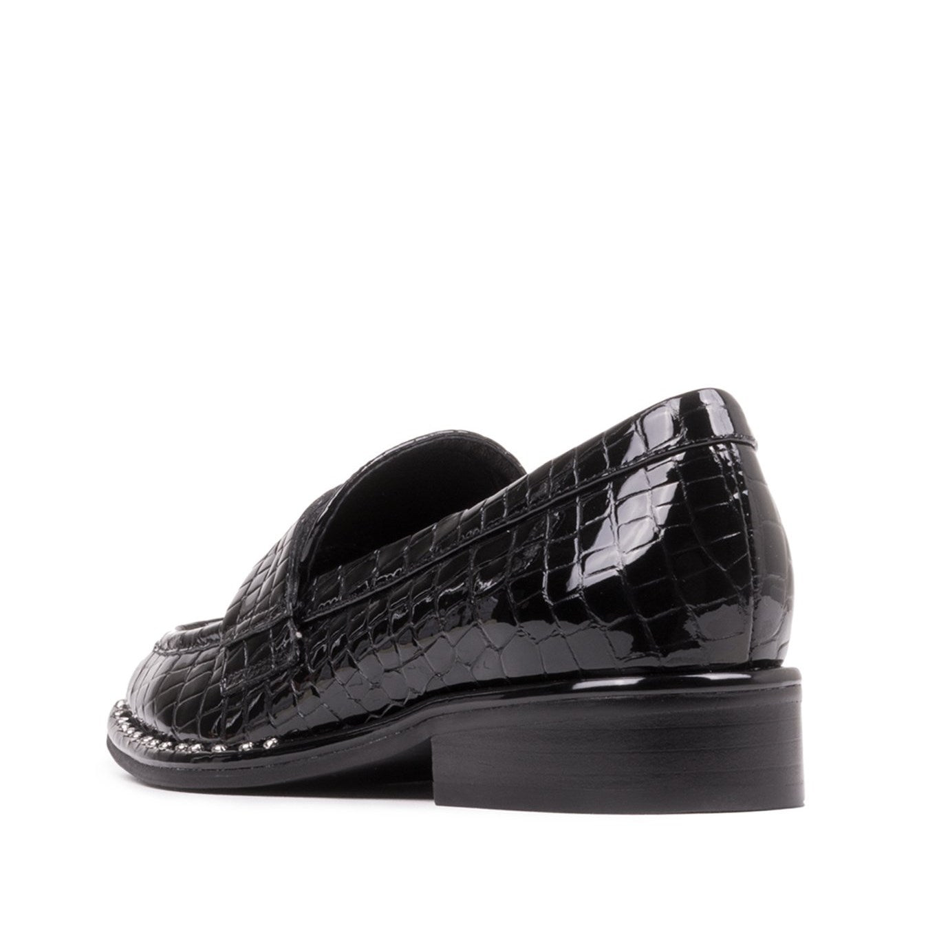 Black Patent Leather Embossed Square Toe Penny Loafers for Women
