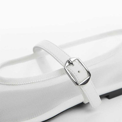 Women's White Mesh Sophisticated Buckle Strap Comfy Ballet Flats