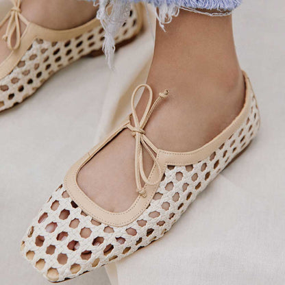 Square Toe Woven Hollow-Out Lace-Up Casual Flats in Beige