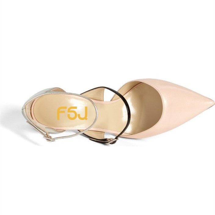 Women's Light Pink & Silver Ankle Strap Heels Pointed Toe Pumps