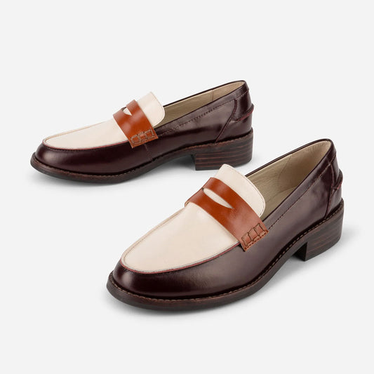 Maroon and Ivory Chunky Heel Slip-On Round Toe Women's Loafers