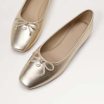 Gold Square Toe Ballet Flats With Bow Pearl Decor