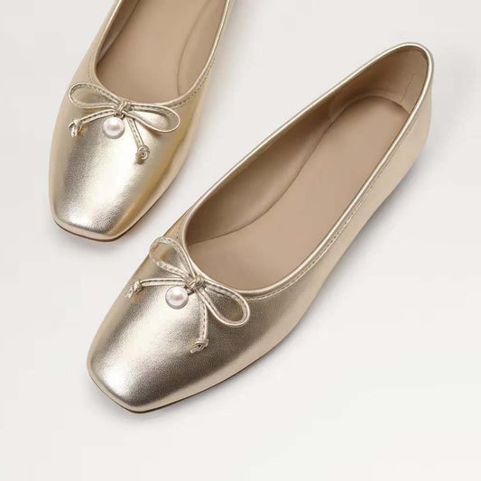Gold Square Toe Ballet Flats With Bow Pearl Decor