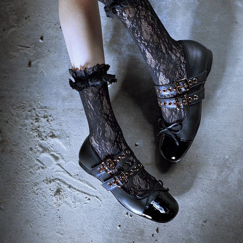 Black Square Toe Grommet Buckle Strap Ballet Flats with Bow