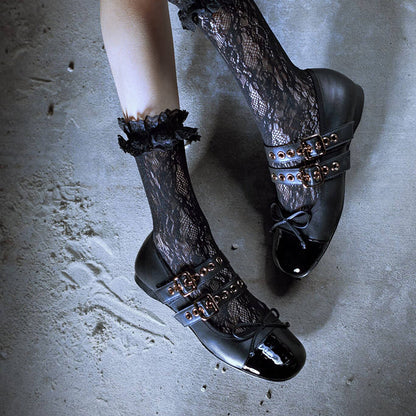 Black Square Toe Grommet Buckle Strap Ballet Flats with Bow