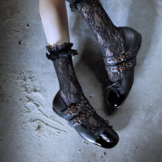 Black Square Toe Grommet Buckle Strap Ballet Flats with Bow