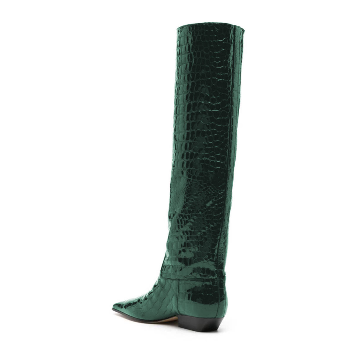 Green Crocodile Embossed Square Toe Low Heel Knee High Boots for Women