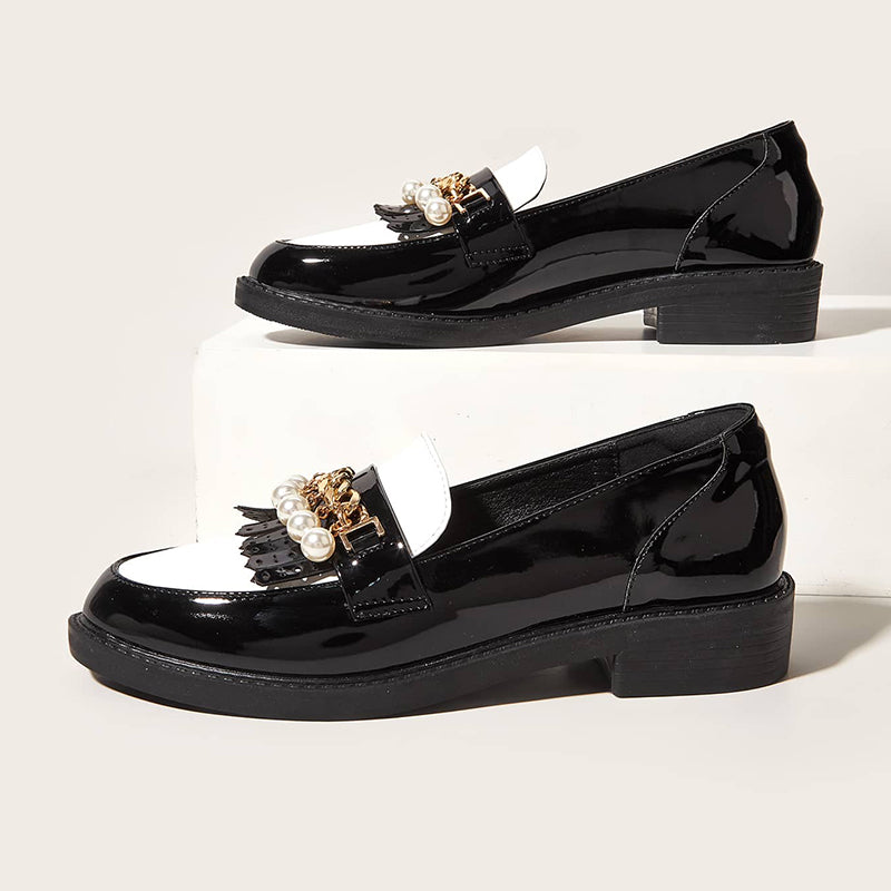 Black & White Patent Leather Fringe Pearl Block Heel Women's Loafers