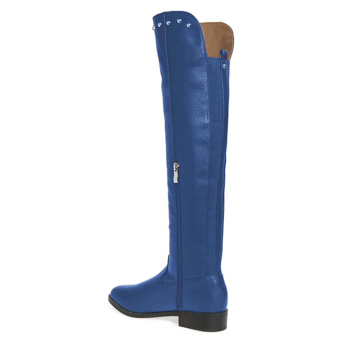 Blue Round Toe Zipper Low Heel Knee High Boots with Stud Decor