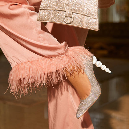 Women's Pointed Toe Pearl Decorative Heel Rhinestone Pumps Shoes