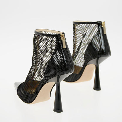 Black Net & Patent Leather Ankle Boots Pointy Toe Flared Heel Booties