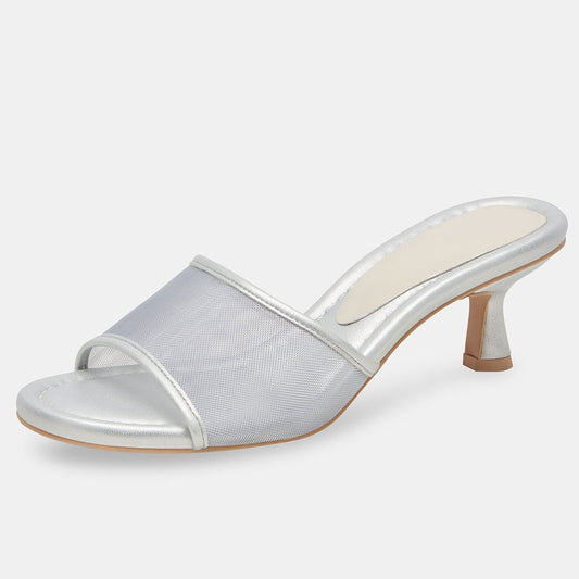 Vegan Leather Mesh Wide Band Women's Silver Mules with Kitten Heels