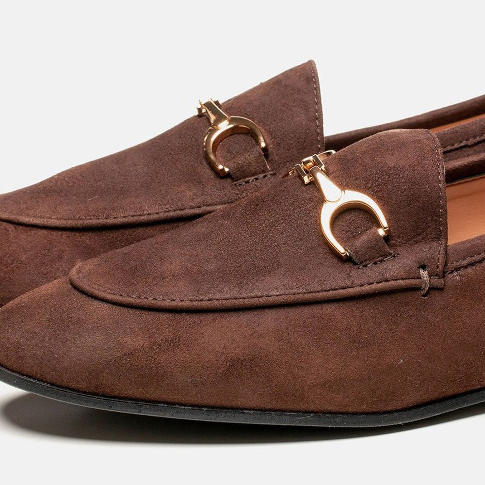 Brown Faux Suede Round Toe Formal Flat Loafers with Chain