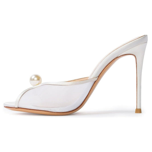 White Mesh Peep Toe Pearl Decor Stiletto Heel Mules Sandals