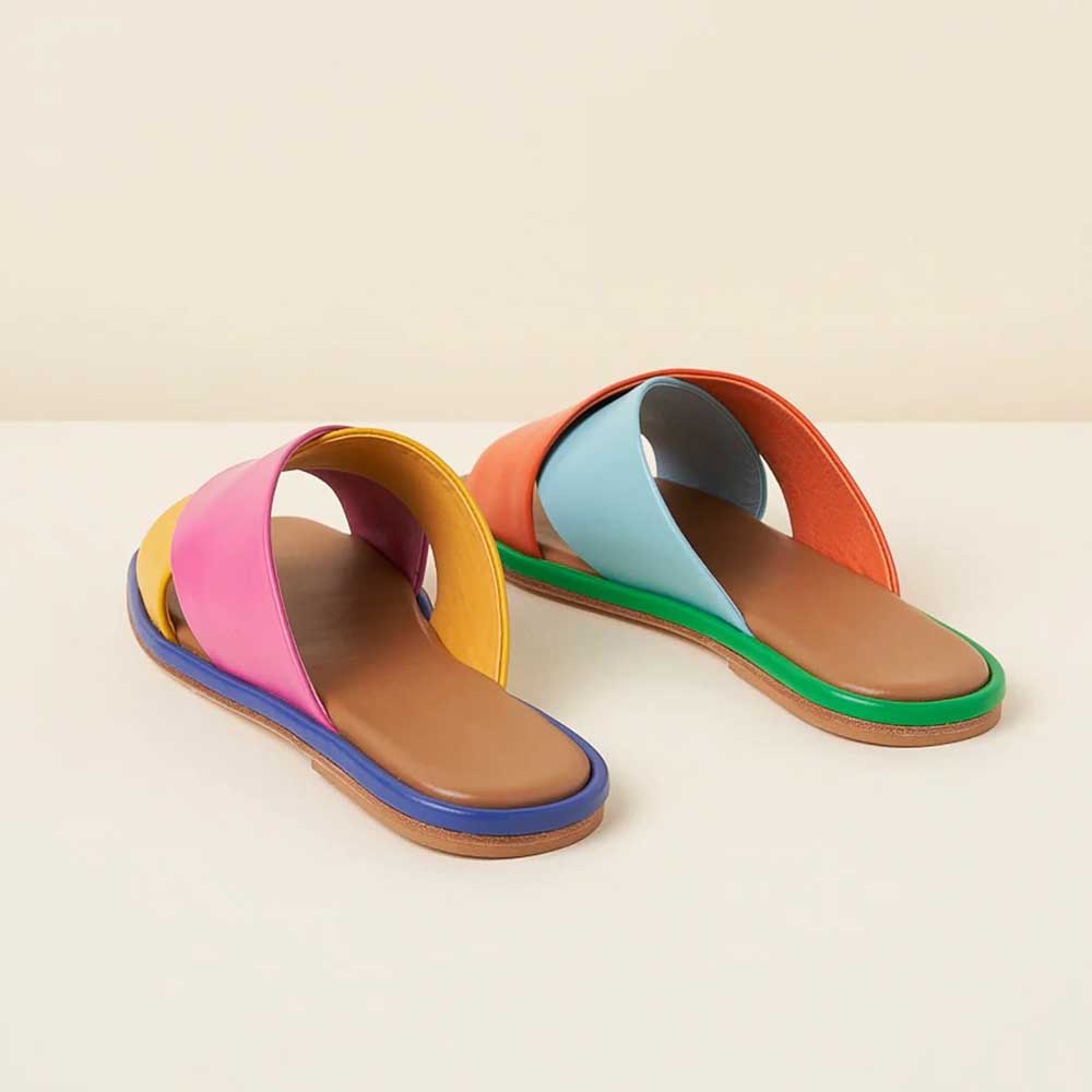 Women's Multi-Color Flat Square Toe Cross Strap Slip On Mules Sandals