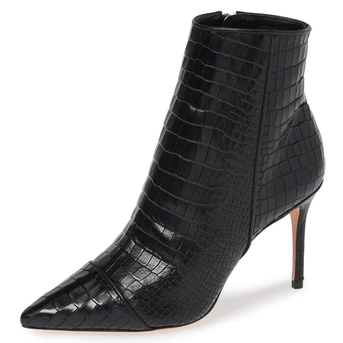 Black Croco Embossed Booties Pointed Toe Stiletto Heel Ankle Boots