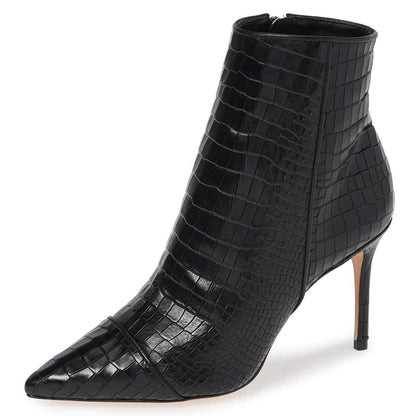 Black Croco Embossed Booties Pointed Toe Stiletto Heel Ankle Boots