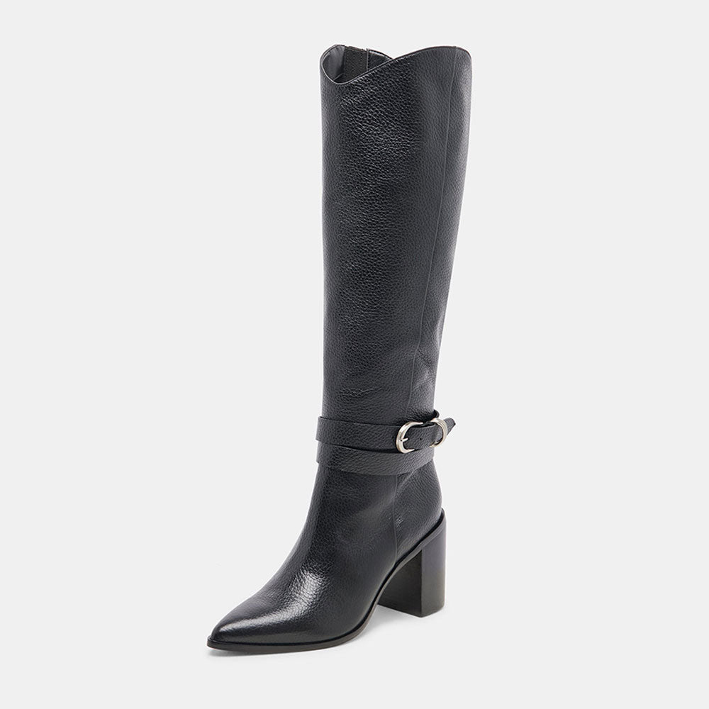 Black Buckle Strap Pointed Toe Block Heel Knee High Boots with Zipper