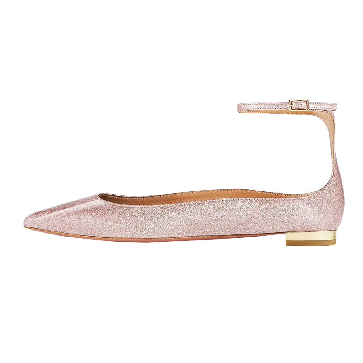 Pink Glitter Pointed Toe Women Dress Flats with Buckle Ankle Strap