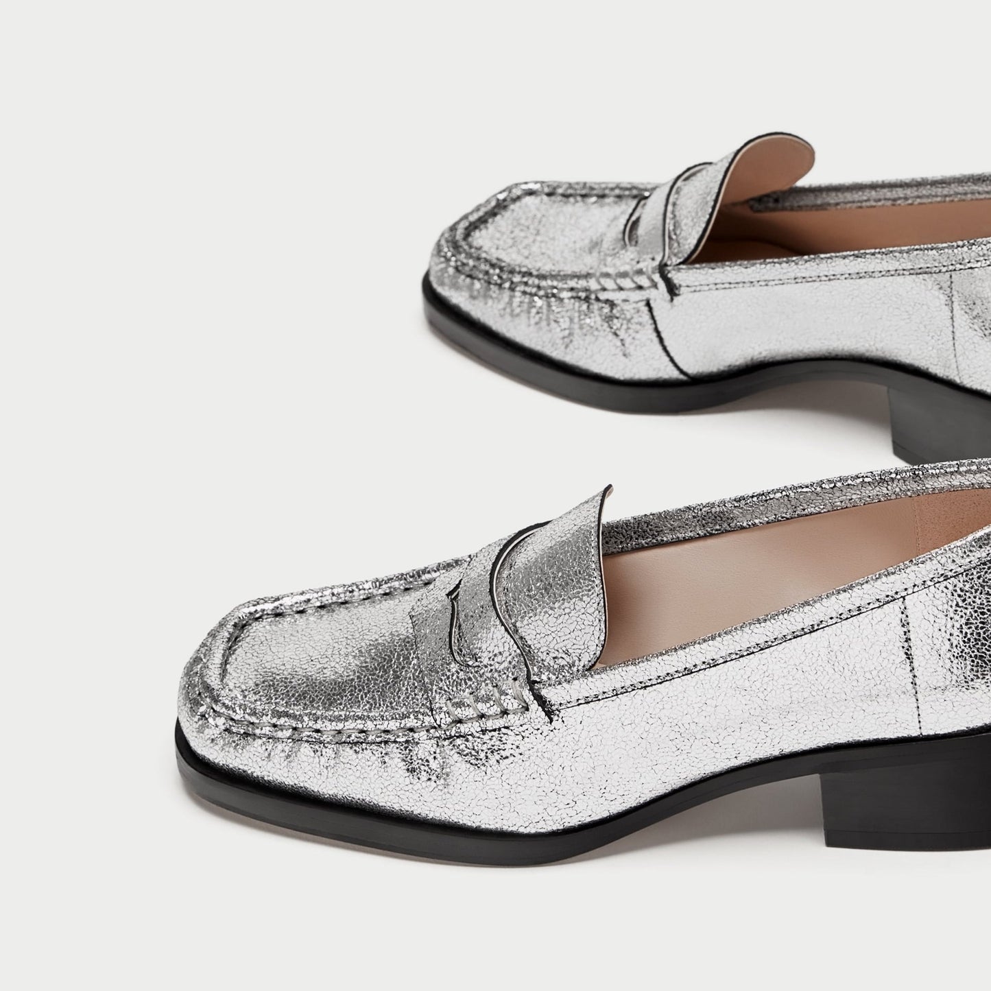 Silver Square Toe Low Heel Slip-On Penny Loafers for Women