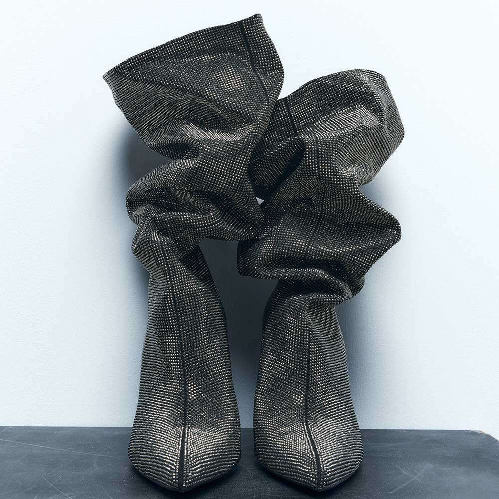 Silver Rhinestone Pointed Toe Chunky Heel Wide Calf Knee High Boots