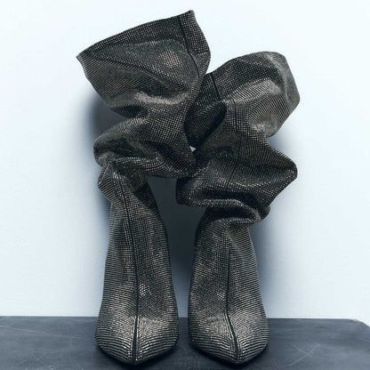 Silver Rhinestone Pointed Toe Chunky Heel Wide Calf Knee High Boots