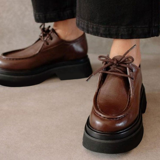 Brown Round Toe Lug Sole Lace-up Platform Loafers for Women