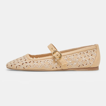 Beige Raffia Woven Square Toe Cut-Out Buckle Strap Ballet Flats