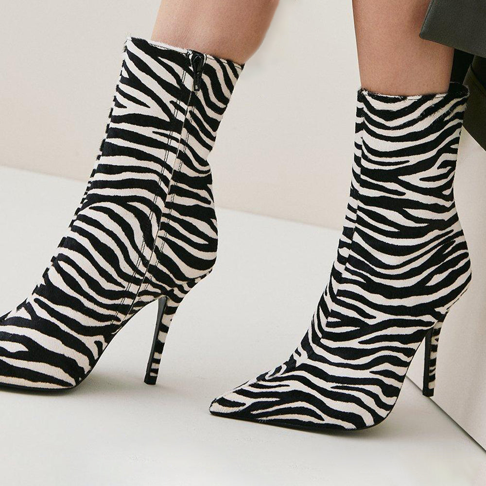 Women's Zebra Print Pointed Toe Stiletto Heel Fashion Ankle Boots