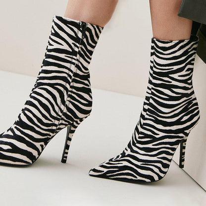 Women's Zebra Print Pointed Toe Stiletto Heel Fashion Ankle Boots