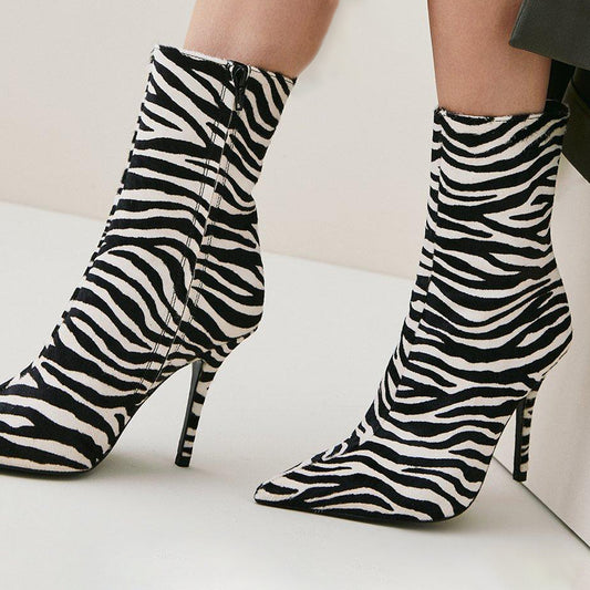 Women's Zebra Print Pointed Toe Stiletto Heel Fashion Ankle Boots