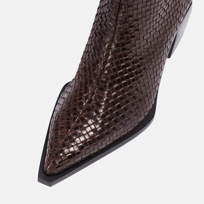 Brown Woven Pointed Toe Block Heel Knee High Boots for Women
