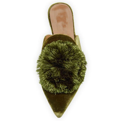 Dark Green Pointed Toe Mules With Furry Women Flats