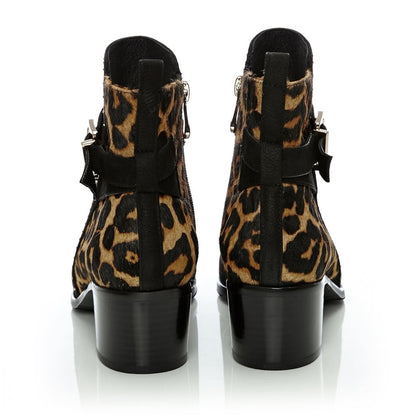 Black & Brown Leopard Print Ankle Boots Round Toe Studs Booties