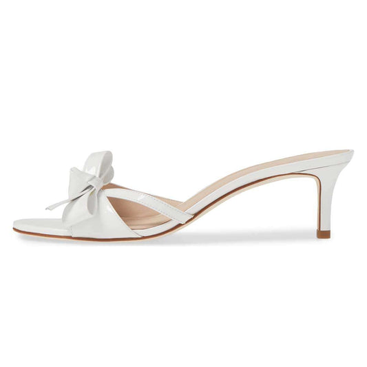 White Patent Leather Bow Kitten Heels Mules Sandals