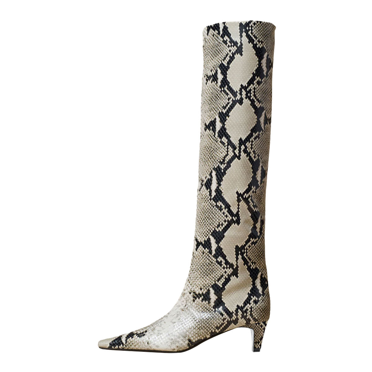Beige & Black Python Printed Square Toe Kitten Heel Knee High Boots