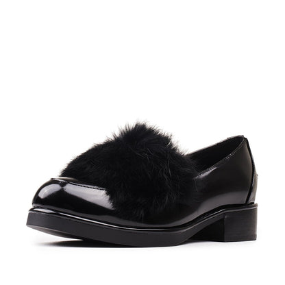 Black Patent Leather Faux Fur Decor Low Heel Women's Loafers