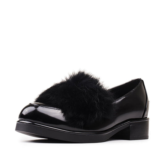 Black Patent Leather Faux Fur Decor Low Heel Women's Loafers