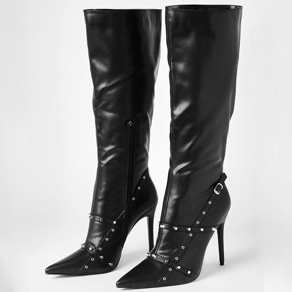 Pointed Toe Studded Strap Stiletto Heel Knee High Boots in Black