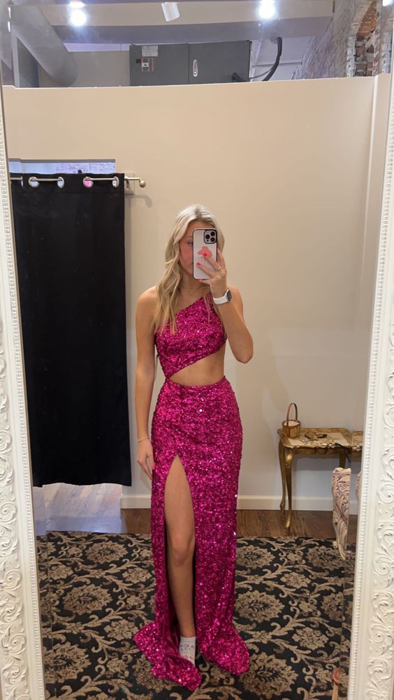 Fuchsia One Shoulder Bodycon Sequin Prom Dresses