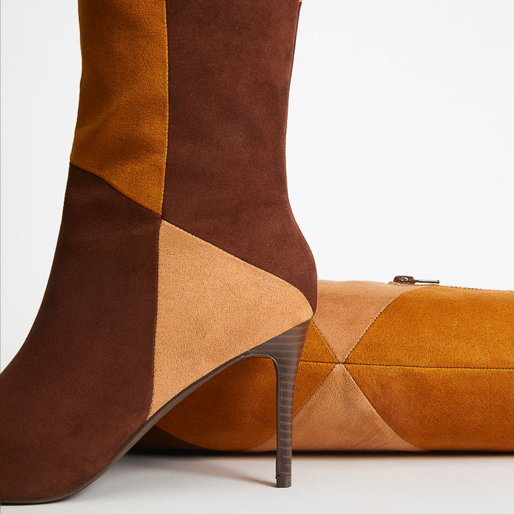 Brown Vegan Suede Patchwork Pointed Toe Stilettos Knee High Boots